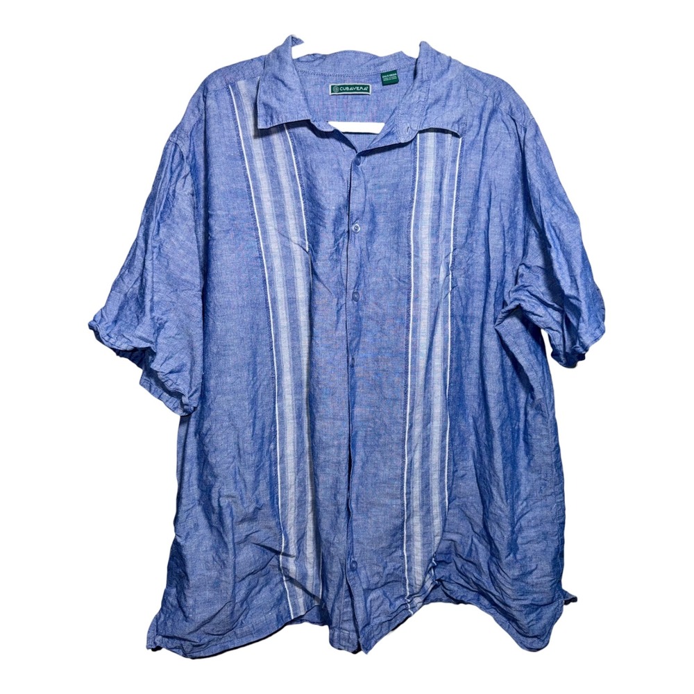 Cubavera Linen‎ Blend Guayabera Shirt 2XLT Blue Striped Camp Resort